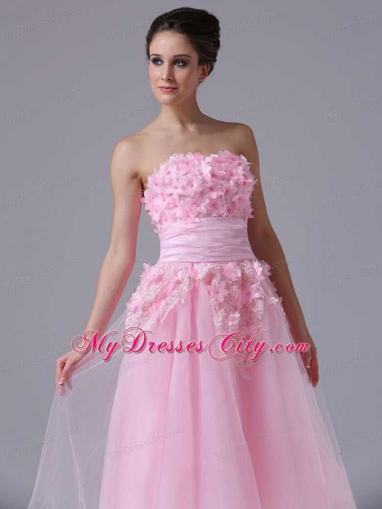 Handle-Made Flower Decorate Pink maxi Homecoming Dress