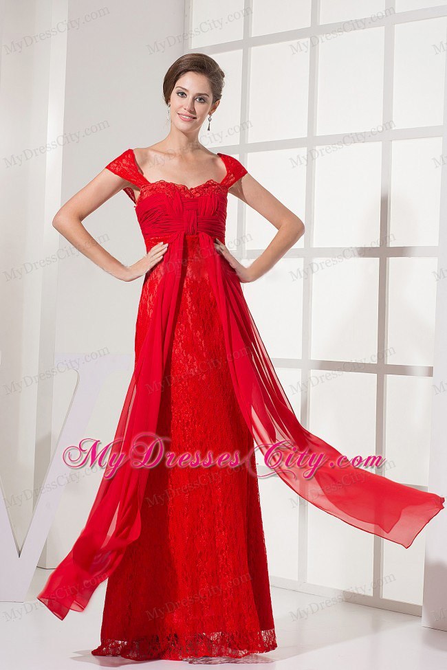 Square Red Homecoming Dress With Lace Over and Cap Sleeves