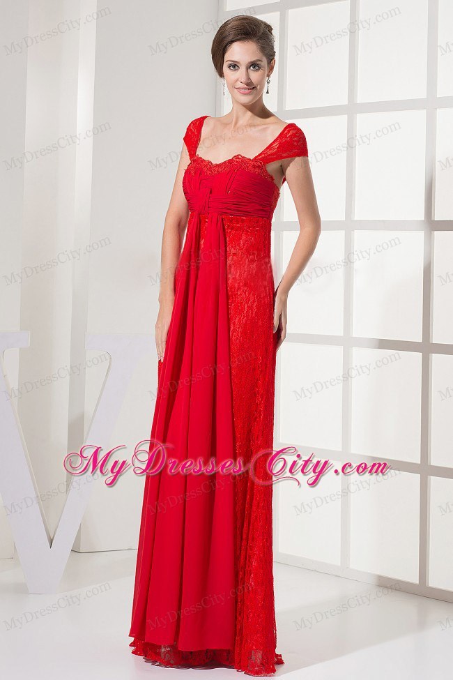 Square Red Homecoming Dress With Lace Over and Cap Sleeves