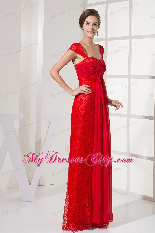 Square Red Homecoming Dress With Lace Over and Cap Sleeves