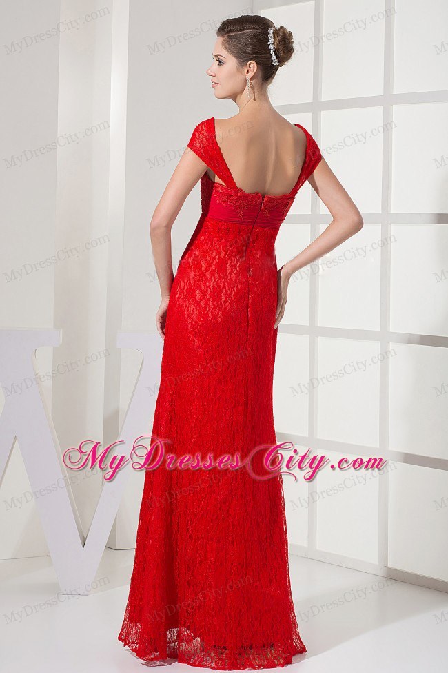 Square Red Homecoming Dress With Lace Over and Cap Sleeves