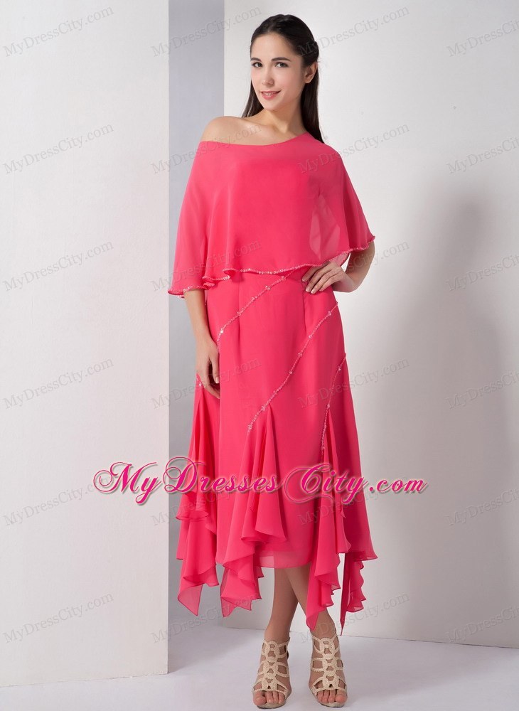 Tea-length Beaded Homecoming Dress in Coral Red with Cloak