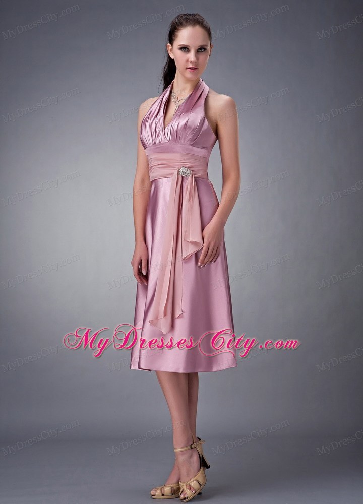 Light Pink Beaded Homecoming Dress Halter Tea-length Design