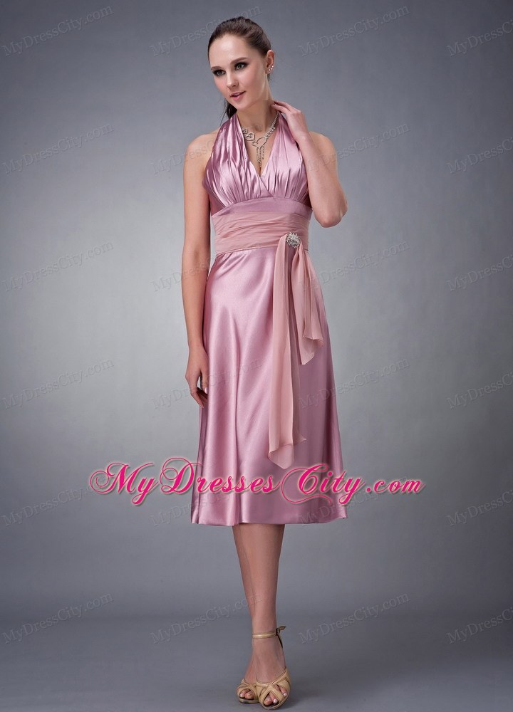 Light Pink Beaded Homecoming Dress Halter Tea-length Design