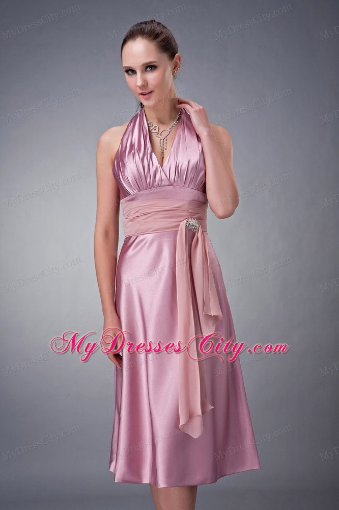 Light Pink Beaded Homecoming Dress Halter Tea-length Design