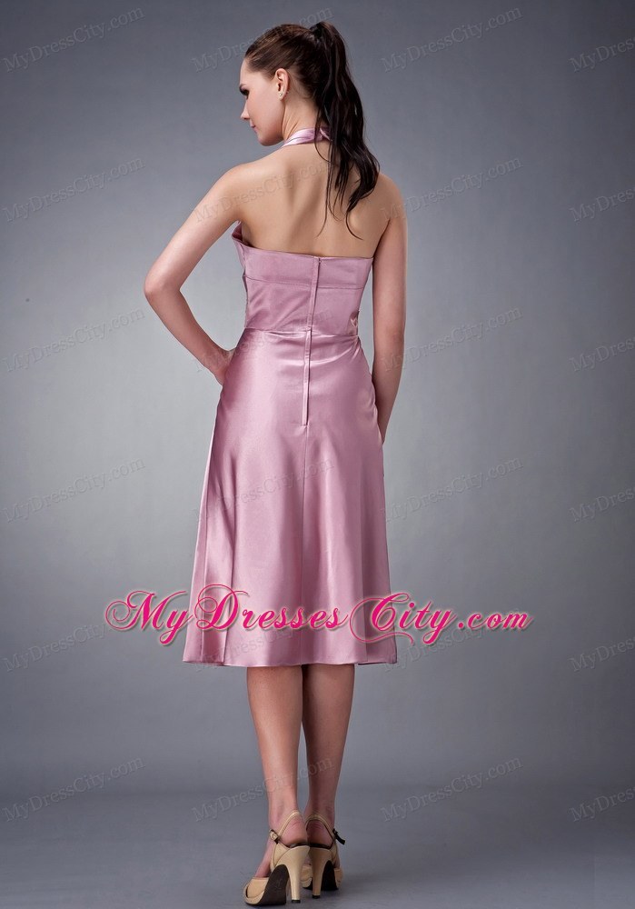 Light Pink Beaded Homecoming Dress Halter Tea-length Design