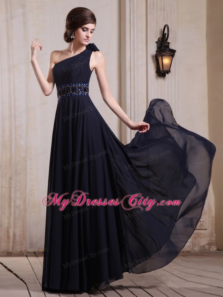 Navy Blue One Shoulder Homecoming Dress With Beaded and Flower