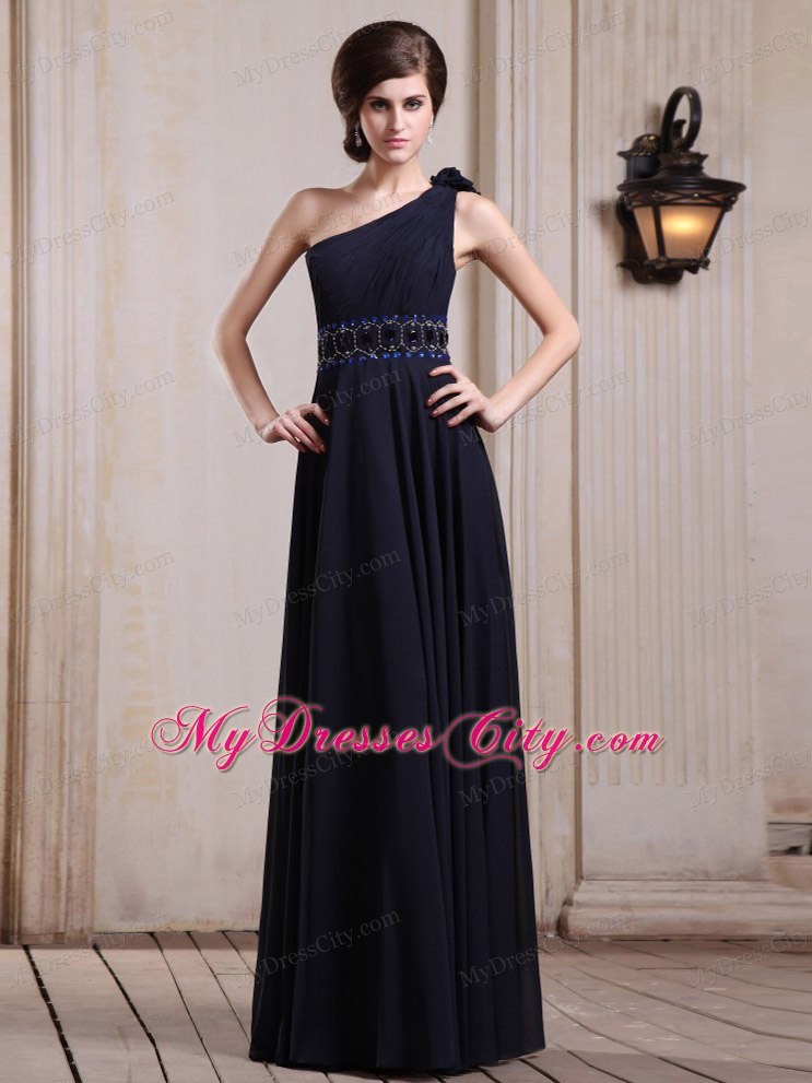 Navy Blue One Shoulder Homecoming Dress With Beaded and Flower