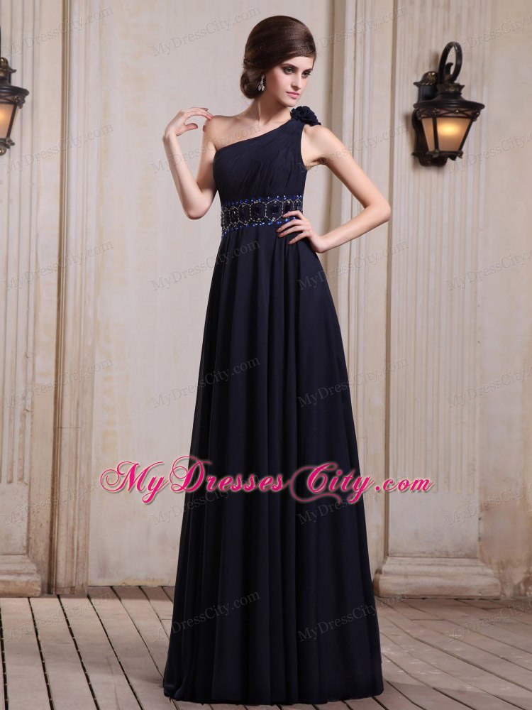 Navy Blue One Shoulder Homecoming Dress With Beaded and Flower