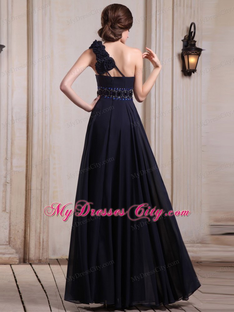 Navy Blue One Shoulder Homecoming Dress With Beaded and Flower