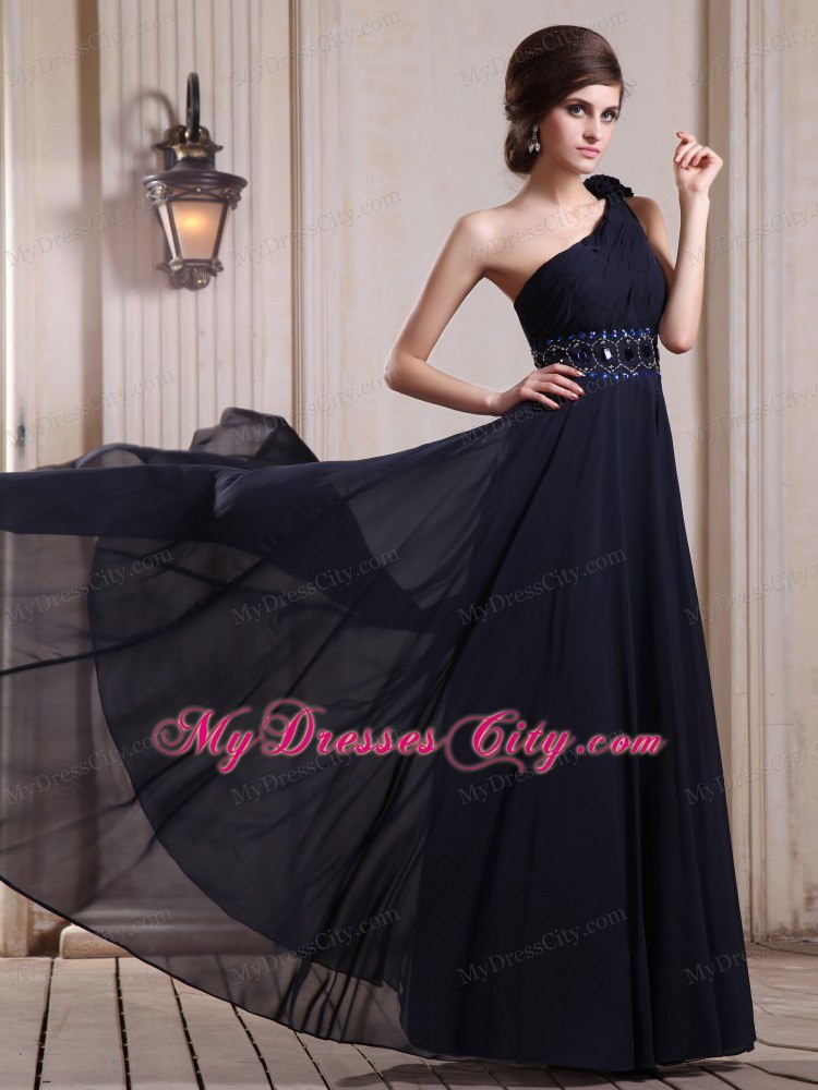 Navy Blue One Shoulder Homecoming Dress With Beaded and Flower