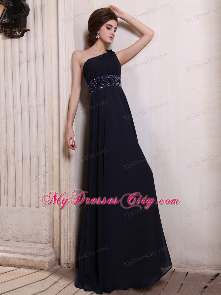 Navy Blue One Shoulder Homecoming Dress With Beaded and Flower