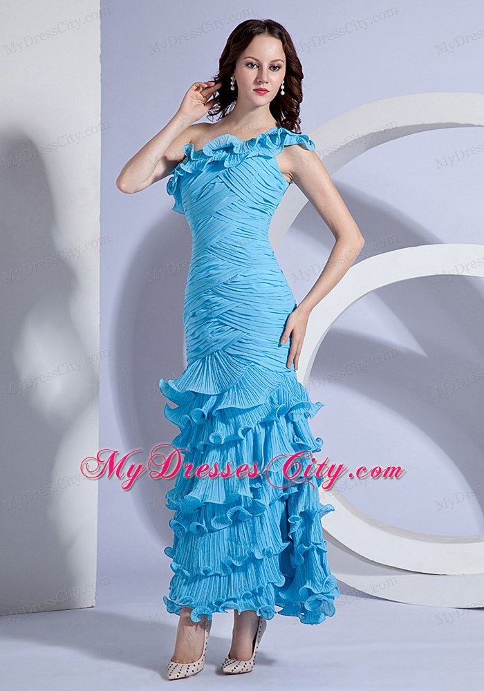 Pleat Decorate One Shoulder Ankle-length Homecoming Dress With Ruffles