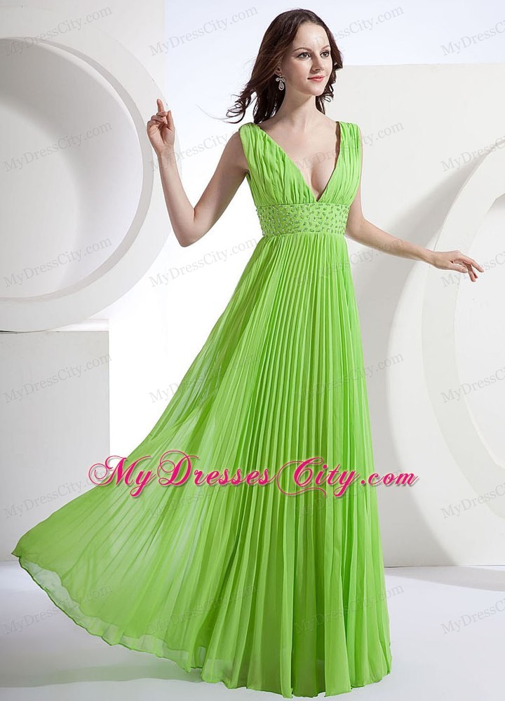 A-Line Deep V-neck Chiffon Homecoming Dress With Pleats And Beading