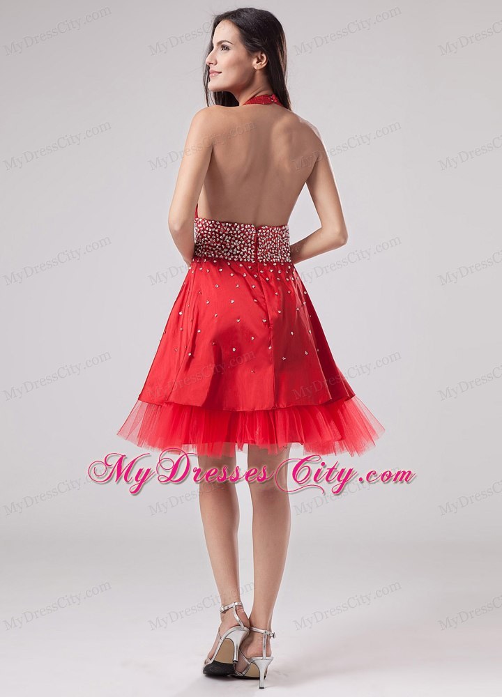 Luxurious Red Halter Homecoming Dress Beaded Decorate With V-neck