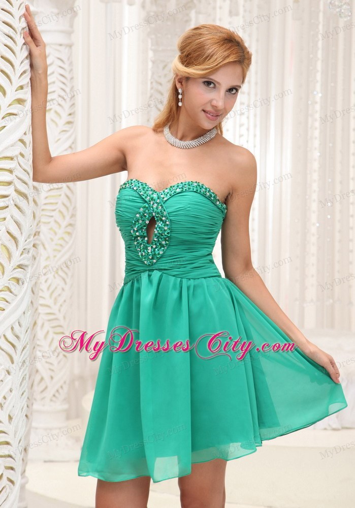 Ruche and Bead Decorate Green Chiffon Gown Homecoming Dress