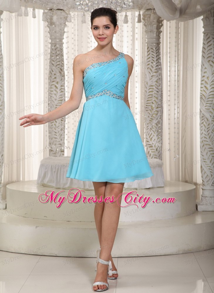 Aqua One Shoulder Beaded Homecoming Dress Mini-length Style