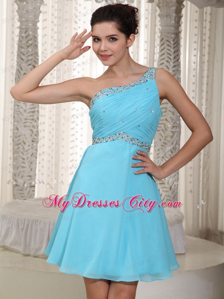 Aqua One Shoulder Beaded Homecoming Dress Mini-length Style