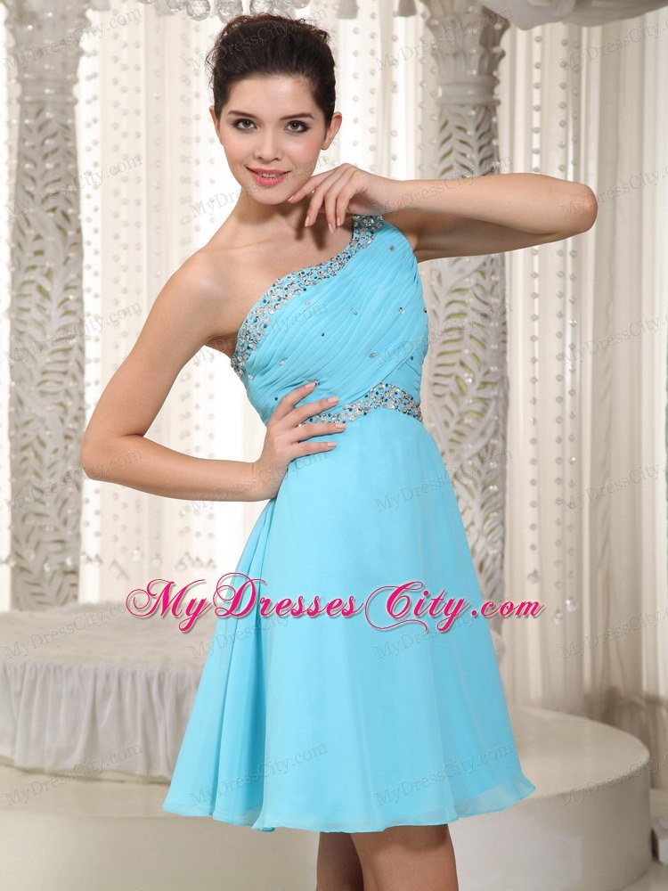 Aqua One Shoulder Beaded Homecoming Dress Mini-length Style