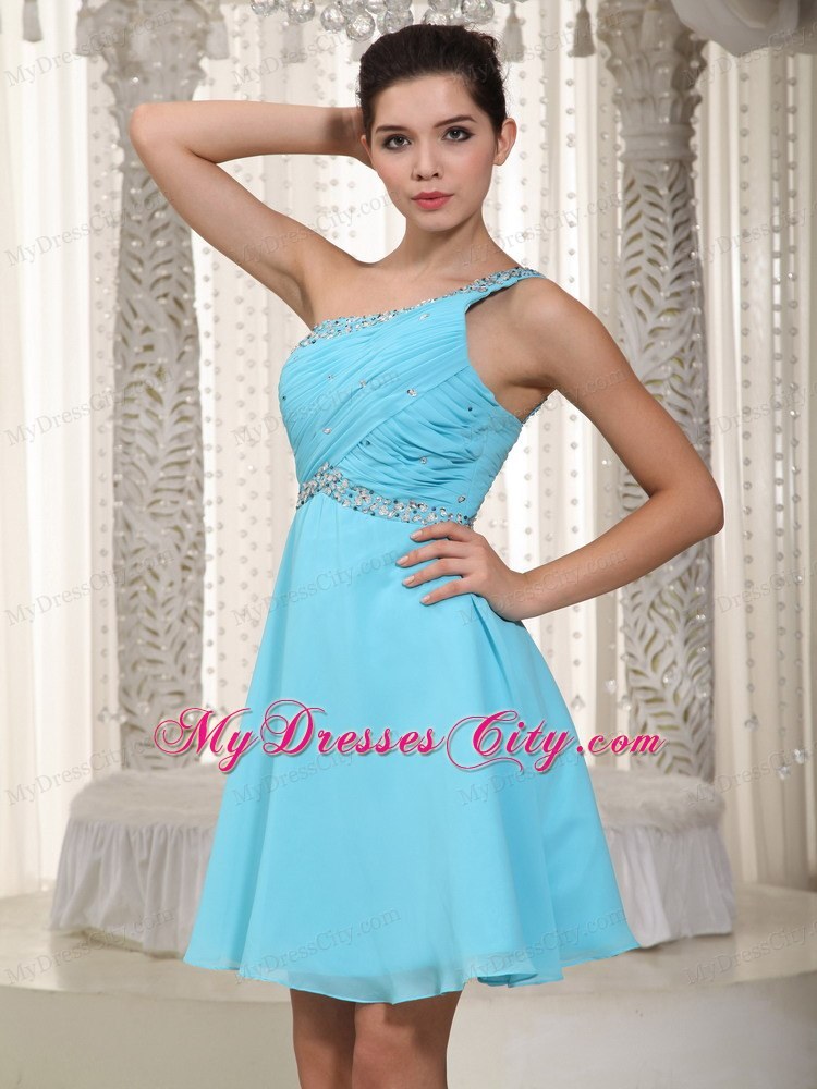 Aqua One Shoulder Beaded Homecoming Dress Mini-length Style