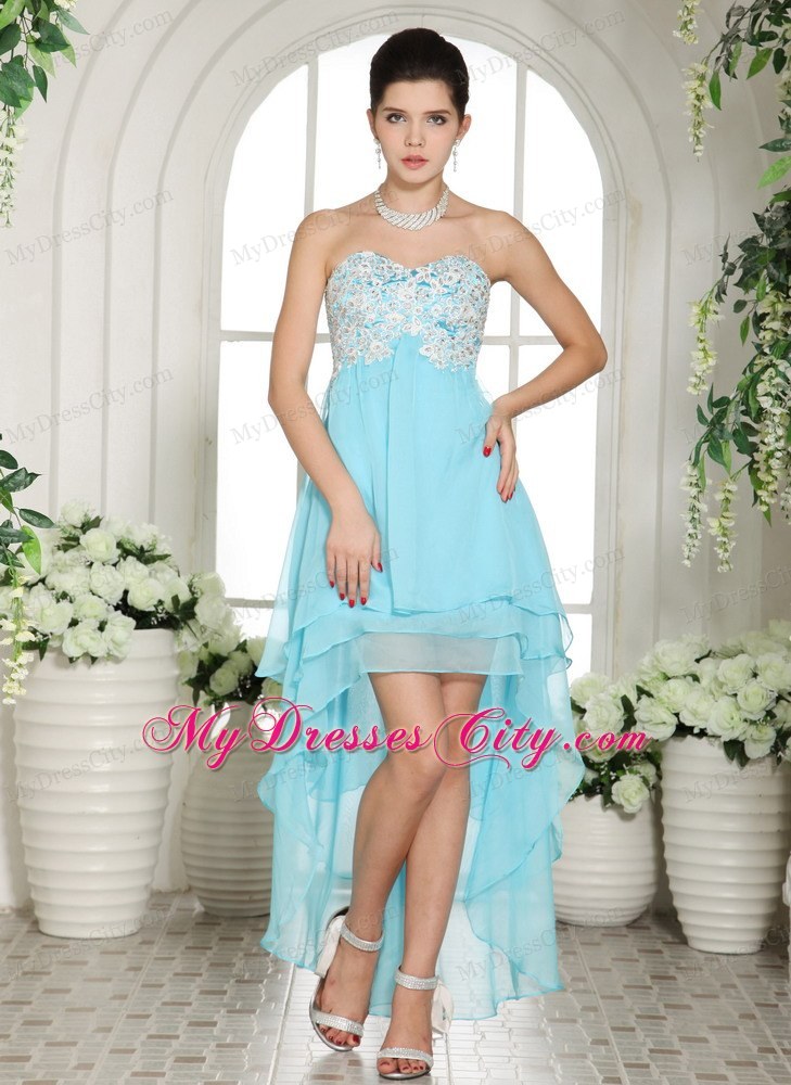 Aqua Blue High-low Homecoming Dress with Appliques Decorate