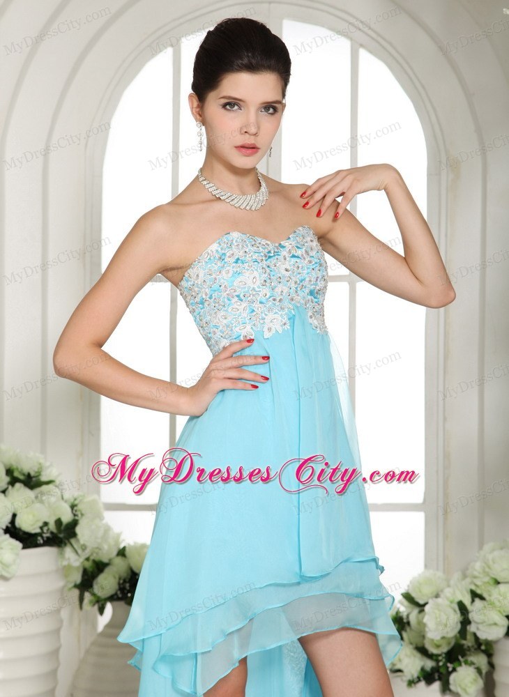 Aqua Blue High-low Homecoming Dress with Appliques Decorate