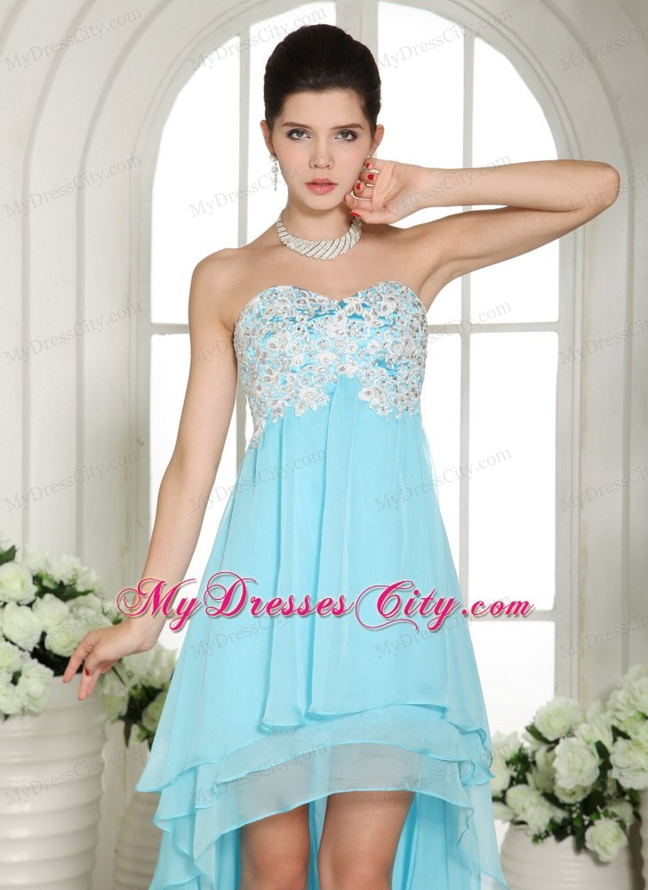 Aqua Blue High-low Homecoming Dress with Appliques Decorate