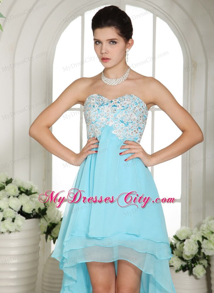 Aqua Blue High-low Homecoming Dress with Appliques Decorate