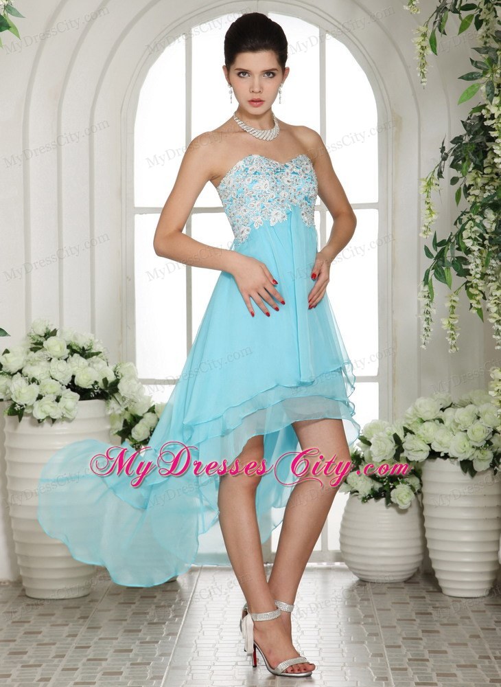 Aqua Blue High-low Homecoming Dress with Appliques Decorate