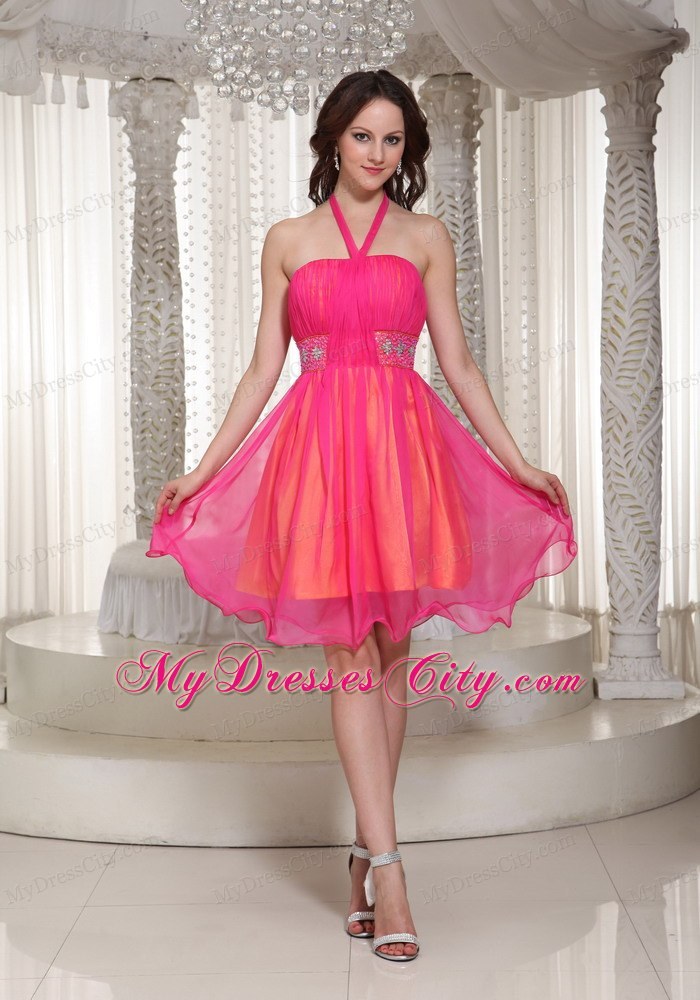 Hot Pink Beaded Decorate Halter Homecoming Dress For Cocktail