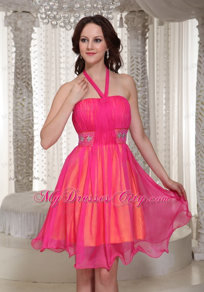 Hot Pink Beaded Decorate Halter Homecoming Dress For Cocktail