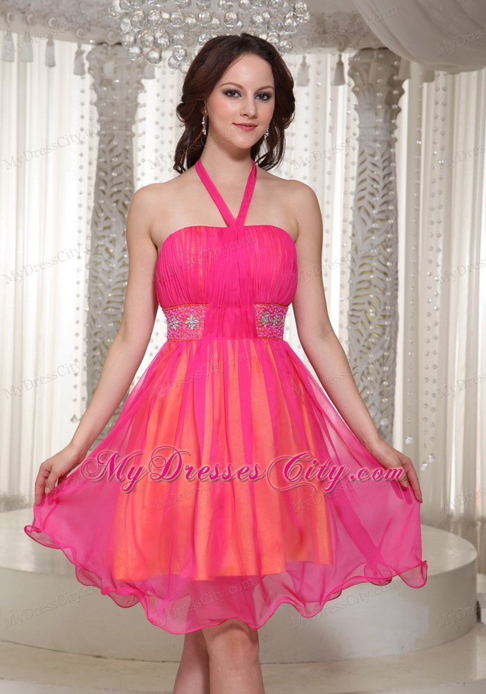 Hot Pink Beaded Decorate Halter Homecoming Dress For Cocktail