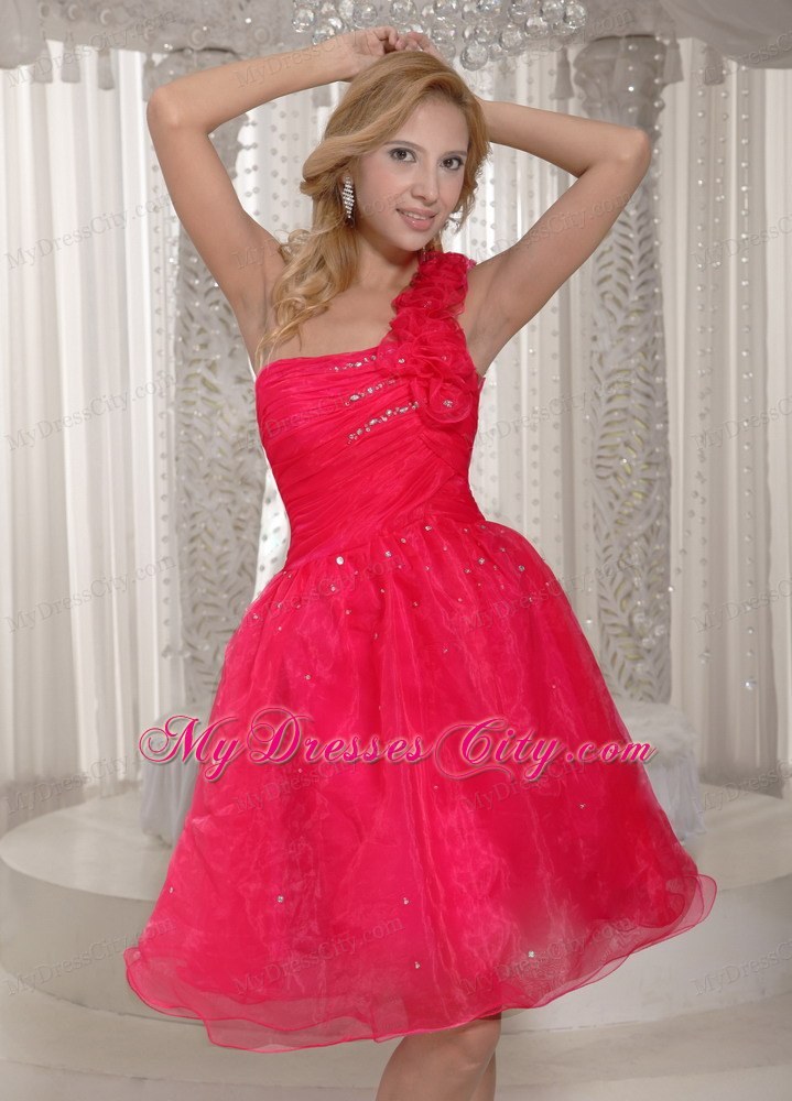 Coral Red One Shoulder Homecoming Dress With Ruche And Flowers