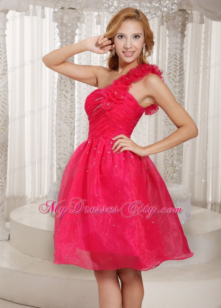 Coral Red One Shoulder Homecoming Dress With Ruche And Flowers