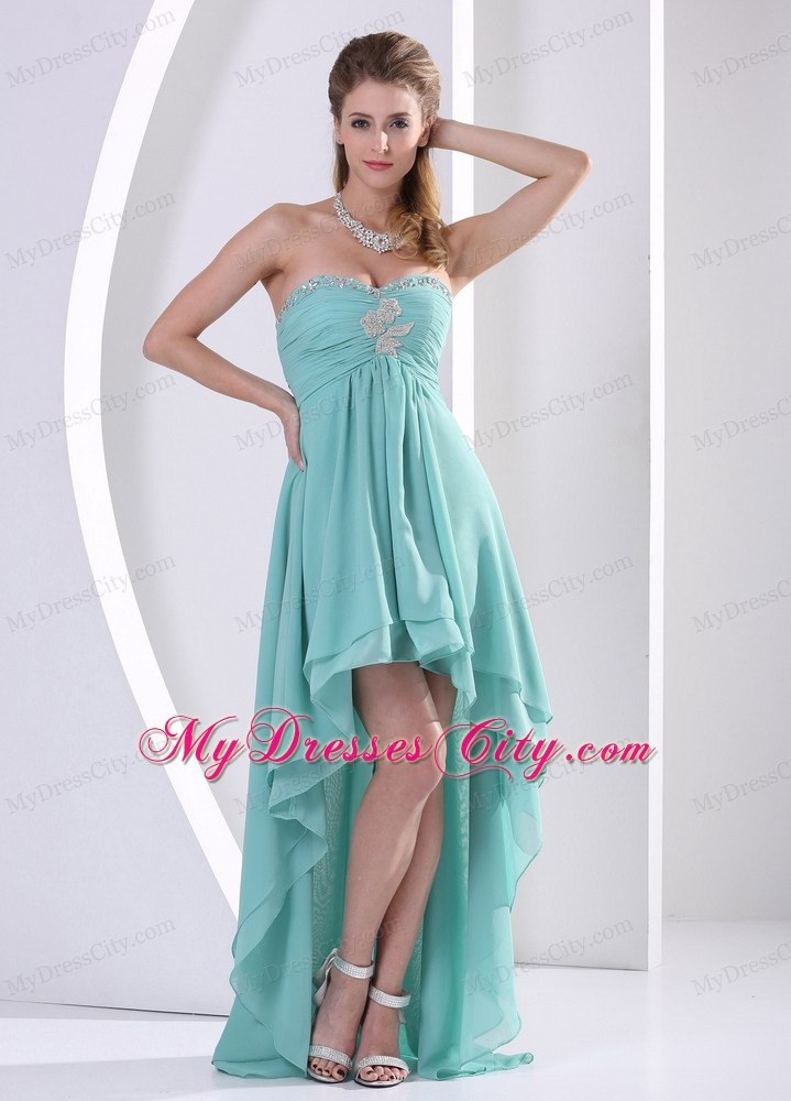 High-low Turquoise Homecoming Dress With Beading and Ruche For Party