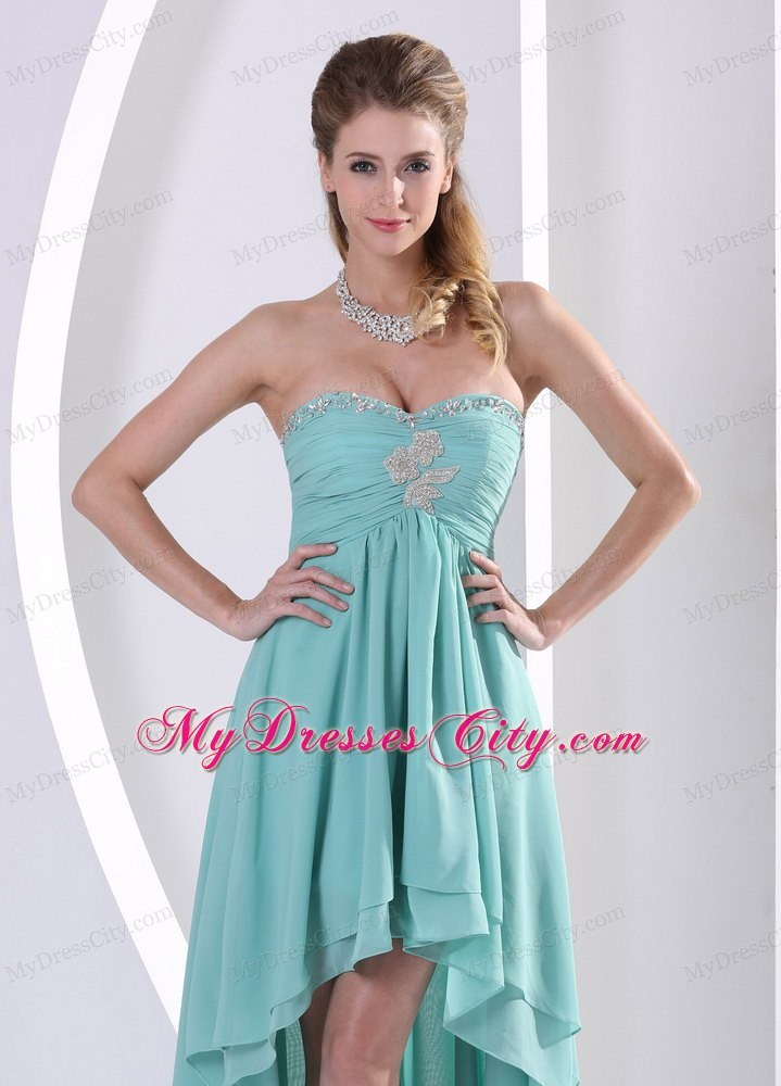 High-low Turquoise Homecoming Dress With Beading and Ruche For Party