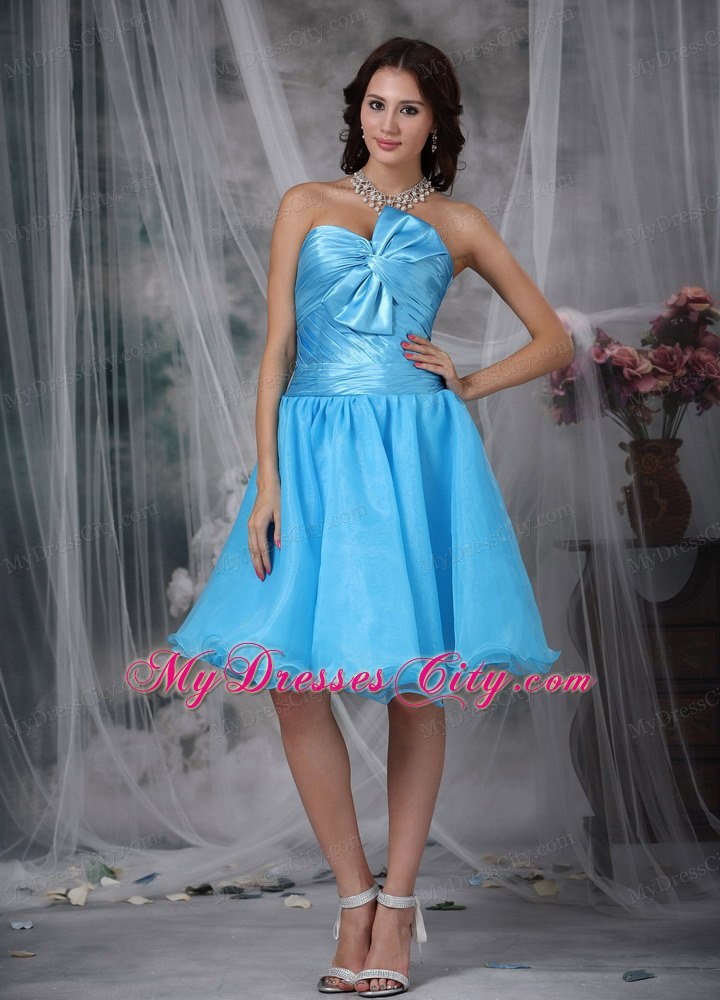 Aqua Blue A-line Pleat and Bow Decorate Homecoming Dress