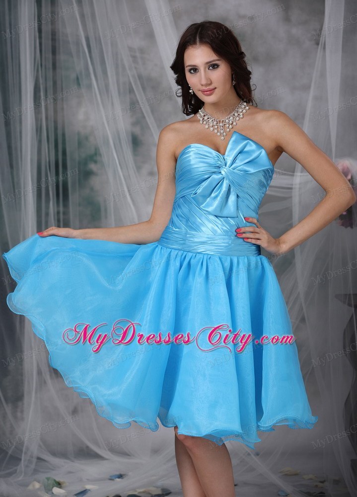 Aqua Blue A-line Pleat and Bow Decorate Homecoming Dress