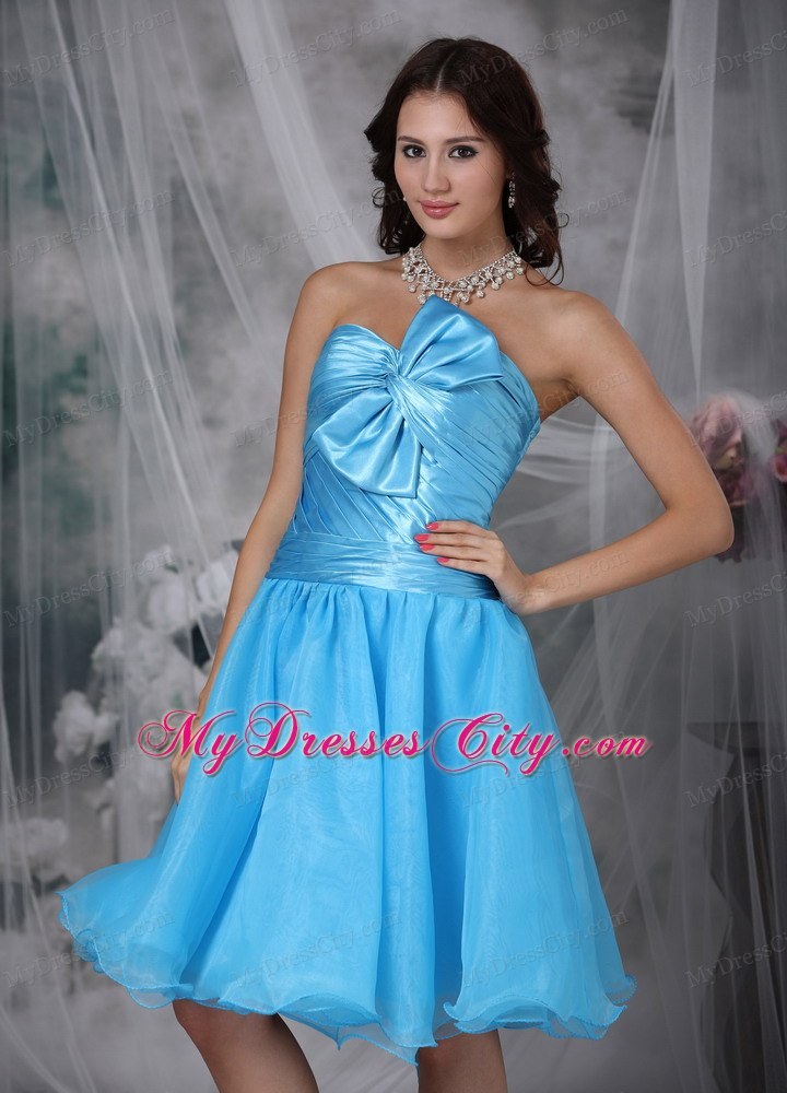 Aqua Blue A-line Pleat and Bow Decorate Homecoming Dress