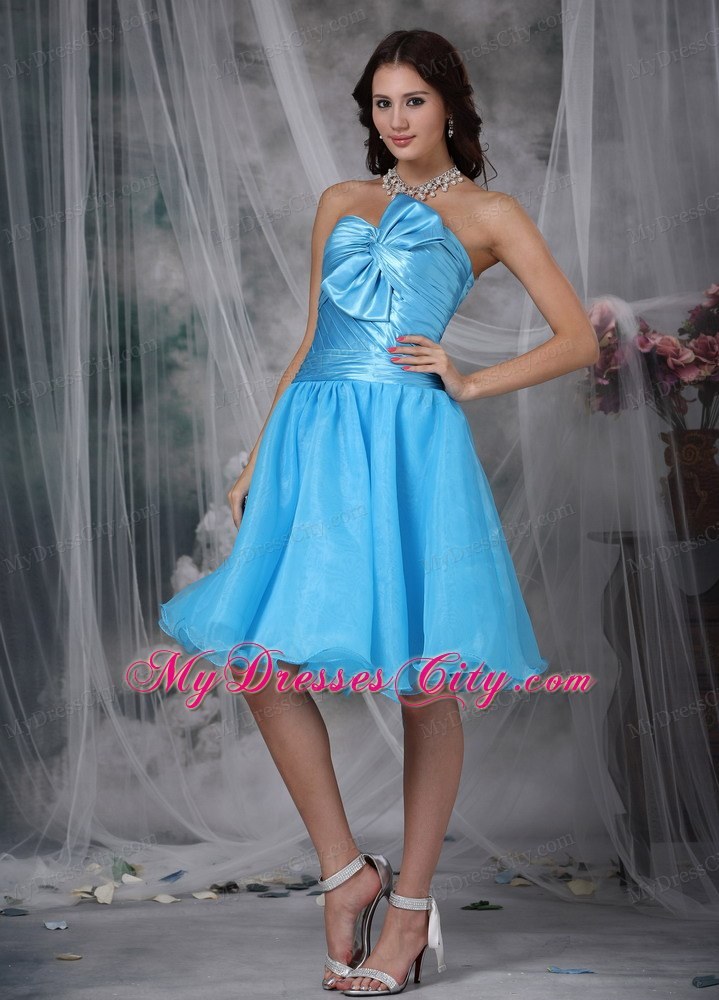 Aqua Blue A-line Pleat and Bow Decorate Homecoming Dress