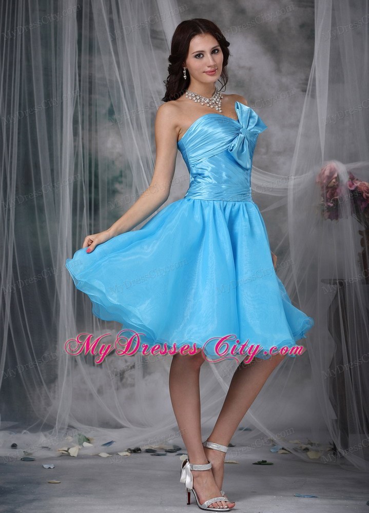 Aqua Blue A-line Pleat and Bow Decorate Homecoming Dress