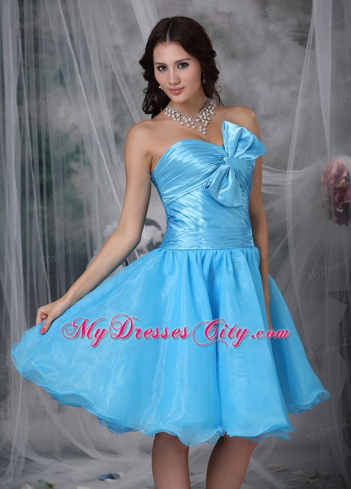 Aqua Blue A-line Pleat and Bow Decorate Homecoming Dress