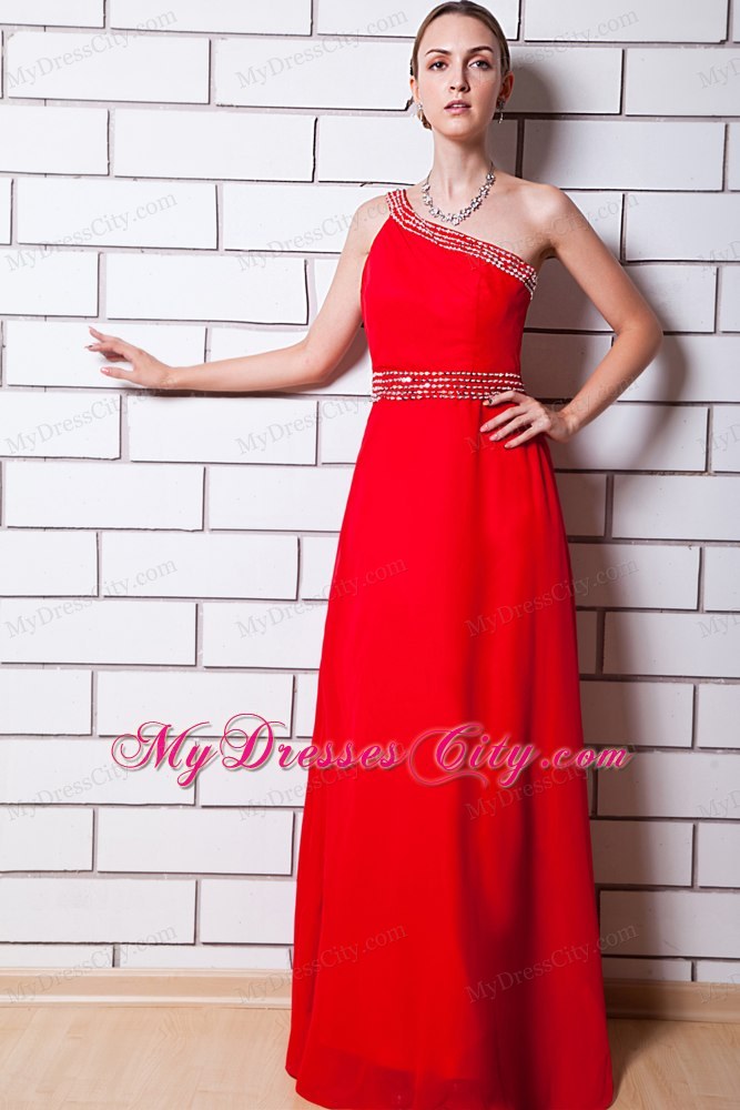 One Shoulder Beading Decorate Chiffon Homecoming Dress in Red