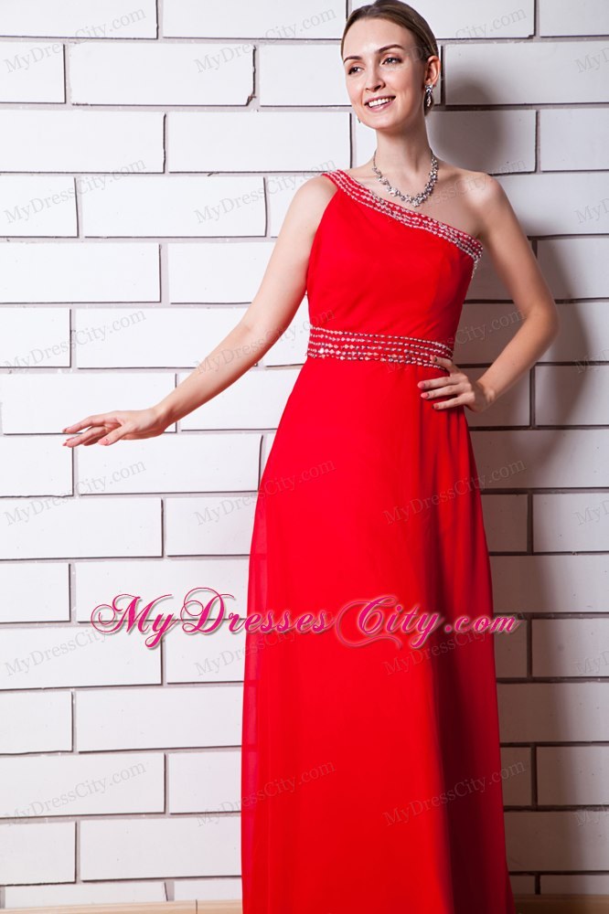 One Shoulder Beading Decorate Chiffon Homecoming Dress in Red