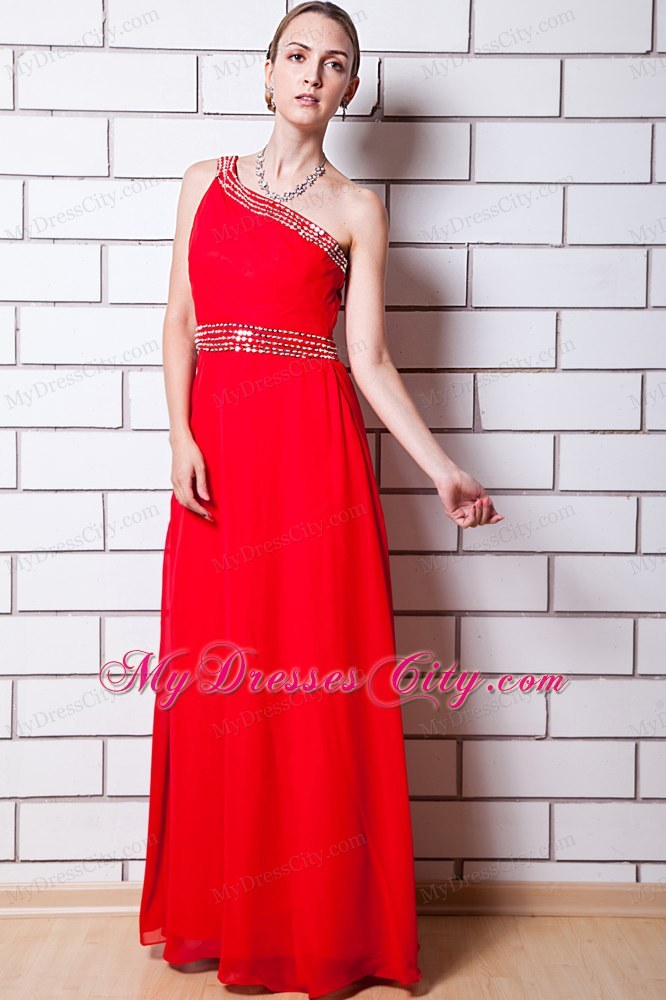 One Shoulder Beading Decorate Chiffon Homecoming Dress in Red