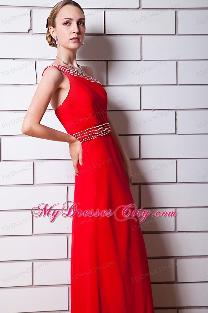 One Shoulder Beading Decorate Chiffon Homecoming Dress in Red