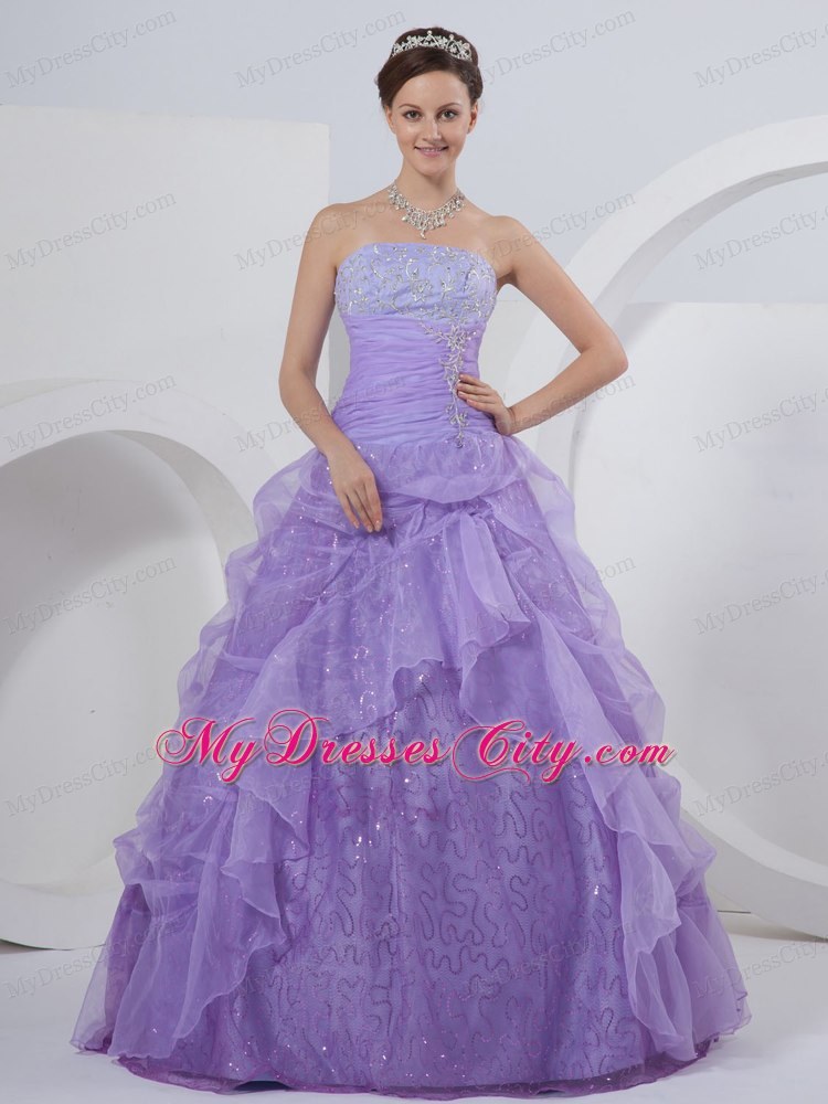 Lavender Strapless Sequined Quinceanea Dress with Embroidery