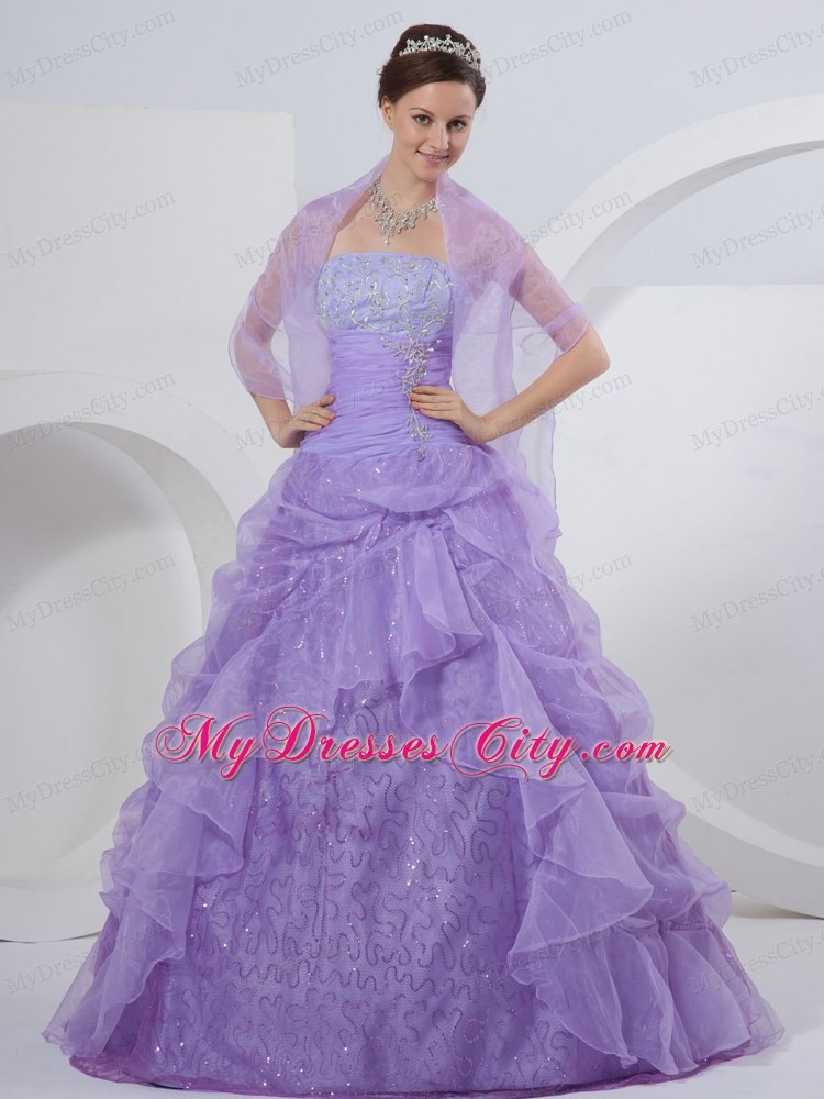 Lavender Strapless Sequined Quinceanea Dress with Embroidery