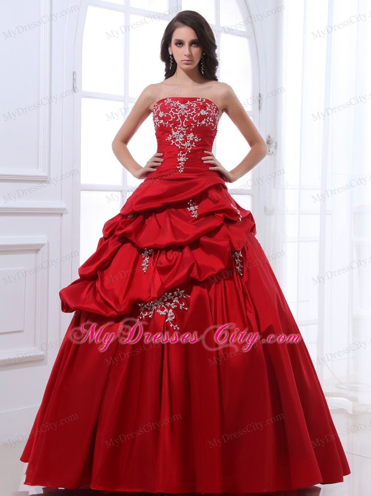 Wine Red Taffeta Appliqued Quinceanera Dress with Pick-ups