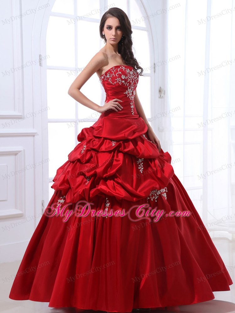 Wine Red Taffeta Appliqued Quinceanera Dress with Pick-ups